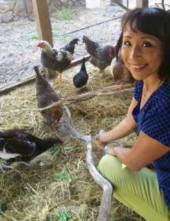 Miyoko Schinner with her rescued chickens